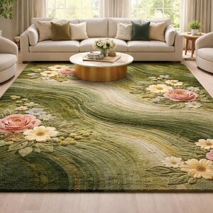 Hand Tufted Wool Rug Moss Green Floral Rug, 3D Carved Flower image 2