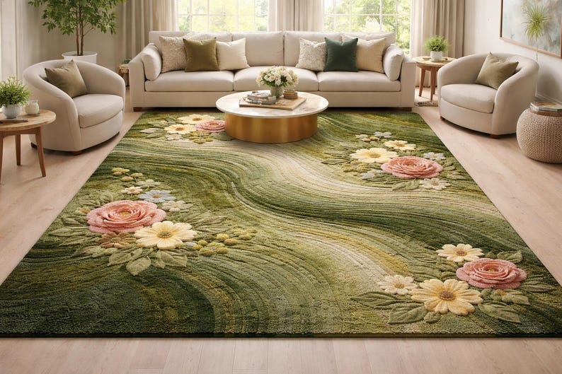 Hand Tufted Wool Rug Moss Green Floral Rug, 3D Carved Flower image 2