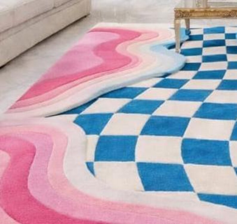 Wavy Checker Pattern Rug Hand-tufted 3D Wave Checkerboard Wool Rug - Groovy Psychedelic Area Rug ...