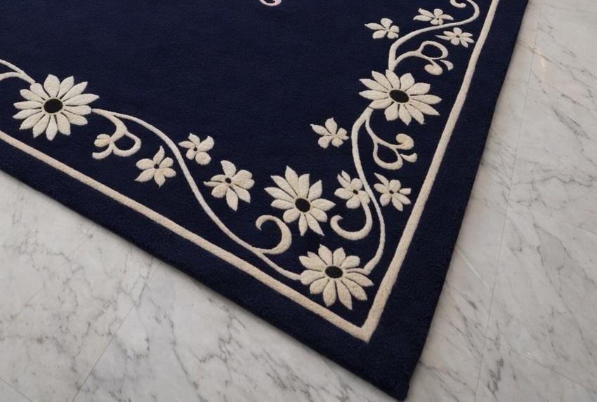 Large Navy Blue Hand Tufted Wool Rug, Butterfly Floral Area Rug - Etsy