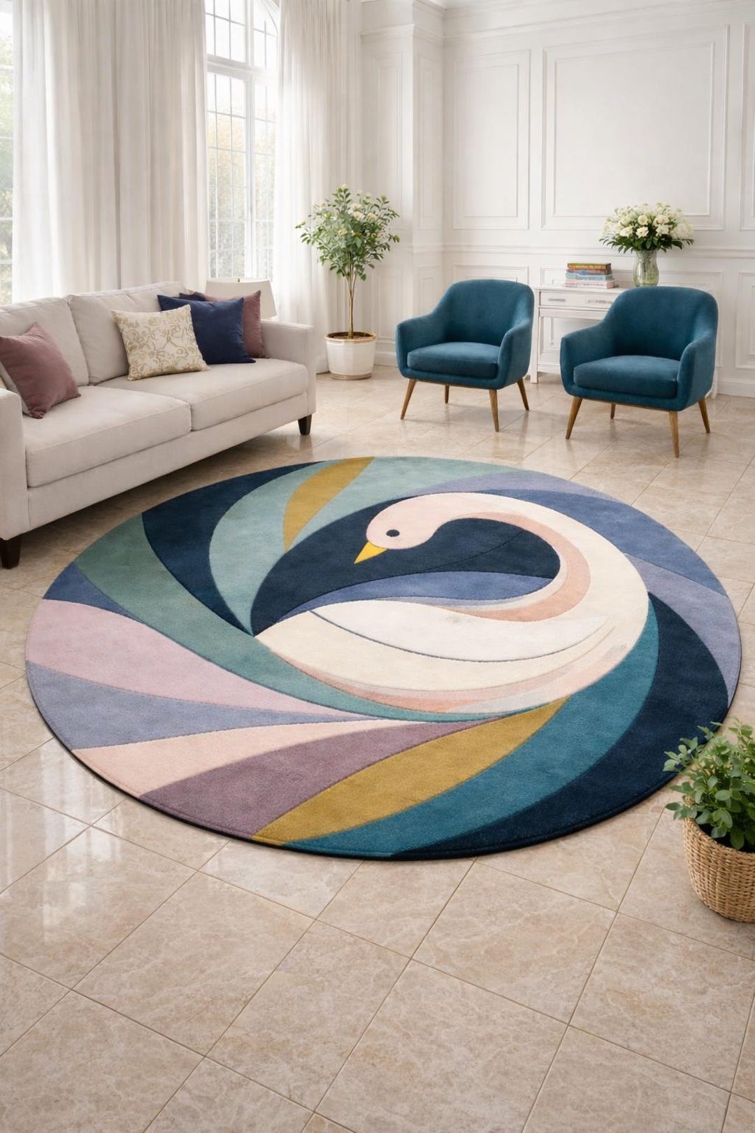 Wool Abstract Animal Pattern Rug Round Swan Hand Tufted Wool Rug – Modern Abstract Bird Carpet - Etsy