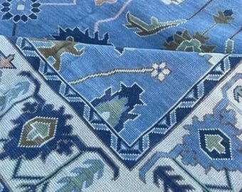 Alfombra de lana Oushak azul anudada a mano - Alfombra grande de diseño - Suave