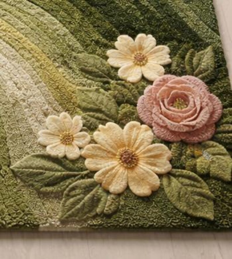 May include: A detailed close-up of a green rug with a floral design. The rug features three yellow daisies, a pink rose, and green leaves. The background has a gradient of green shades.