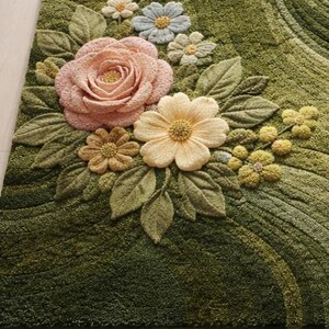 May include: A green rug with a 3D floral design. The rug features a large pink rose, a cream-colored flower, and several smaller flowers in shades of yellow, blue, and cream. The leaves are green.