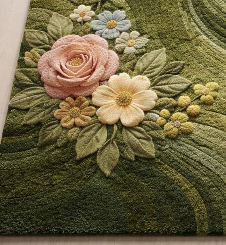 May include: A green rug with a 3D floral design. The rug features a large pink rose, a cream-colored flower, and several smaller flowers in shades of yellow, blue, and cream. The leaves are green.