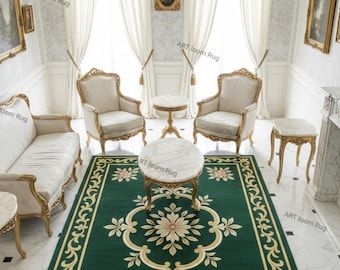 Alfombra de viscosa y seda verde esmeralda con mechones hechos a mano / Alfombra floral tradicional / Clásica de lujo