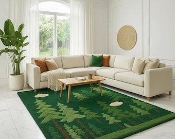 Hand-Tufted Forest Rug | Green Pine Tree Wool Area Rug | Nature-Themed Nursery, Living Room Decor