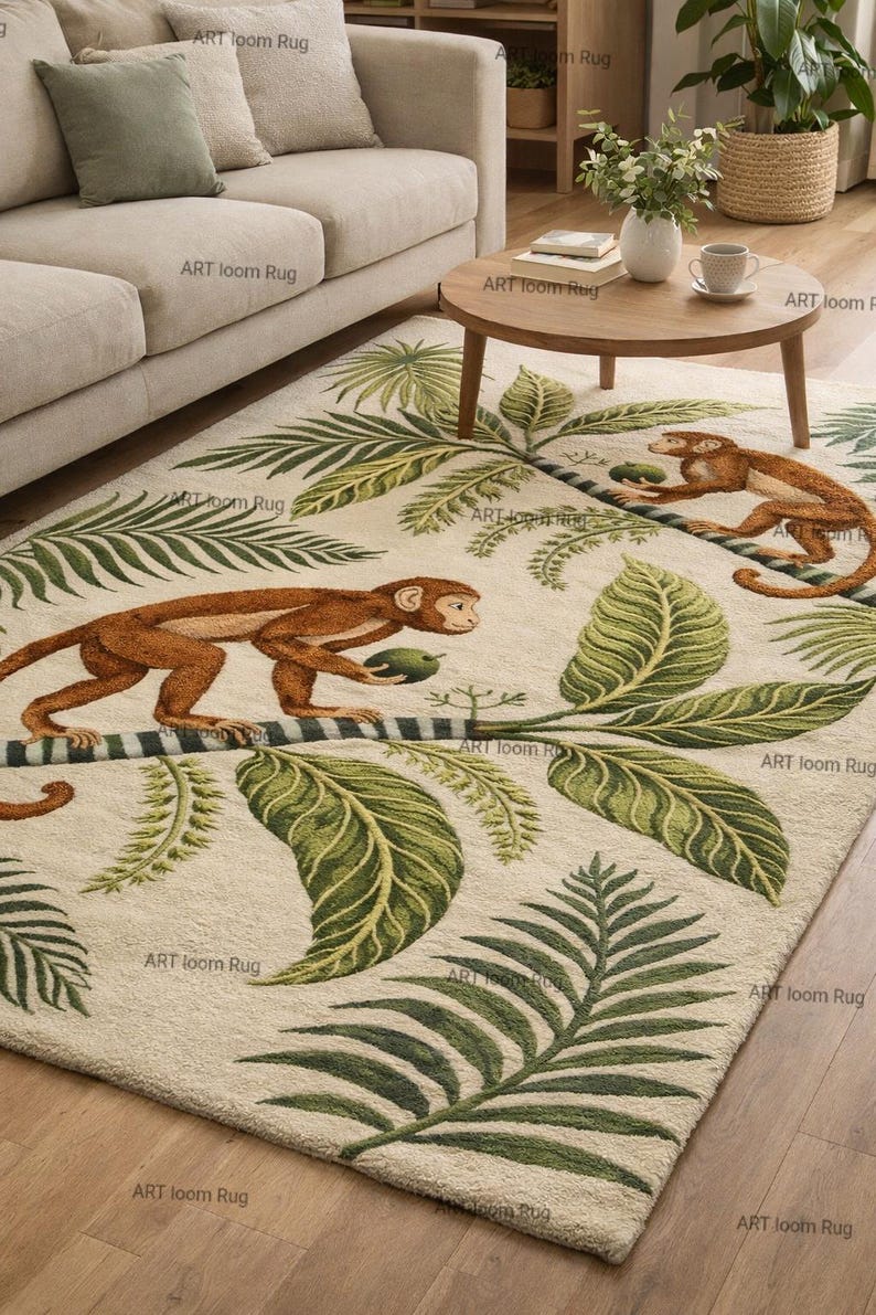 Hand Tufted Jungle Monkey Wool Rug - Tropical Palm Leaf Area Rug - Etsy