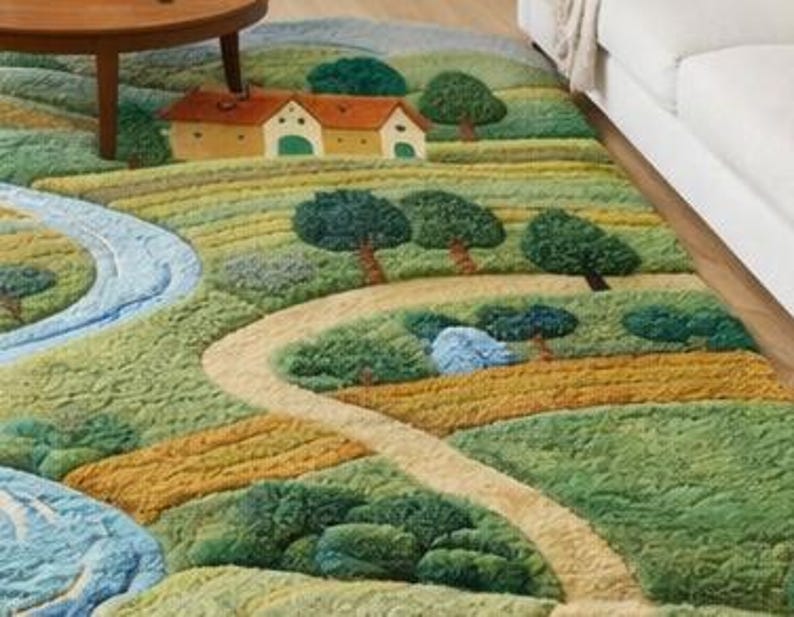 3D Moss Landscape Hand-tufted Wool Rug - Nature Inspired Meadow & River ...