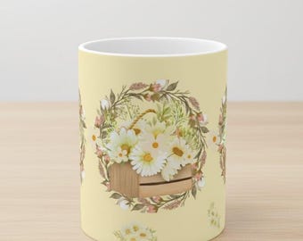 Daisy Floral Coffee Mug Gift for Her, Cottagecore Spring Ceramic Tea Cup, Floral Garden Mug