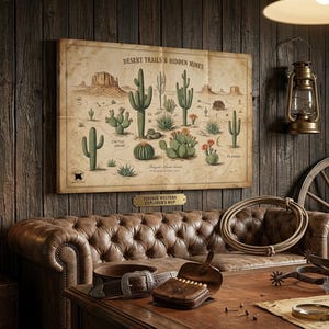 Vintage kaart van de woestijn in westernstijl op canvas, botanische poster met cowboycactus, wanddecoratie in de stijl van het Wilde Westen, grote horizontale cactusprint, digitale download