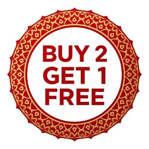 May include: A circular red and gold design with the text "BUY 2 GET 1 FREE" in bold red letters. The design has an ornate, patterned border and a white interior.