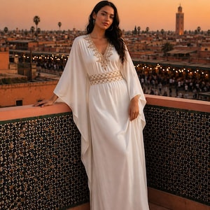 white and gold eid dress Elegant White Moroccan Kaftan | Hand-Beaded Dubai Abaya | Maxi Farasha Wedding Gown