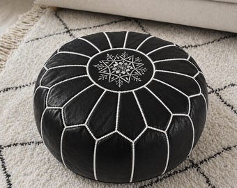 Funda de puf otomano de cuero marroquí negro, hecha a mano, estilo bohemio, cojín de suelo, asiento sin relleno, decoración para sala de estar, regalo de inauguración de casa