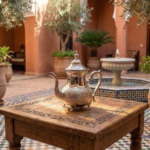 Könnte beinhalten: Eine silberne Teekanne mit aufwendigen Verzierungen steht auf einem Holztisch mit geschnitzten Kanten. Der Tisch befindet sich in einem Innenhof mit Brunnen und Topfpflanzen. Die Teekanne hat einen gebogenen Ausguss und einen dekorativen Deckel.