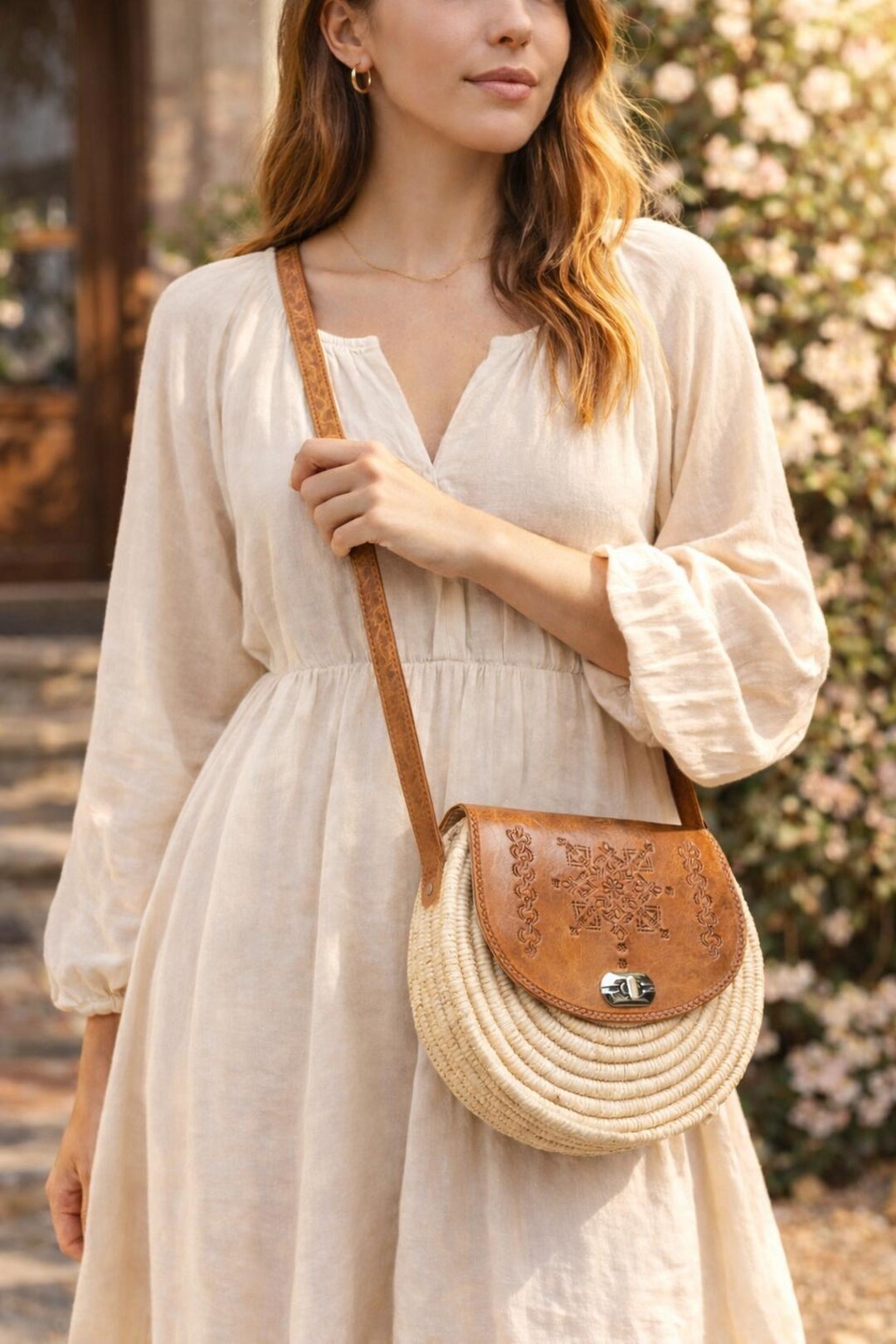 Moroccan Raffia Crossbody Bag Handmade Round Straw Purse Leather Flap ...