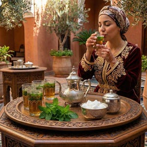 Könnte beinhalten: Ein traditionelles Teeservice auf einem geschnitzten Holztisch. Das Set umfasst eine silberne Teekanne, eine Zuckerdose und Gläser mit Tee und Minze. Eine Frau in einem bordeauxroten und goldbestickten Kleid trinkt Tee.