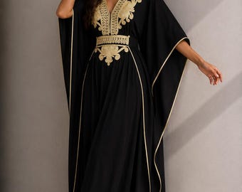 Moroccan Summer Gandoura Women Caftan robe Handmade Ramadan Kaftan Dress with golden embroidery lightweight resort wear dress Gift for her