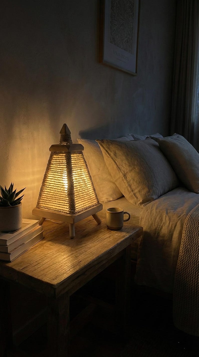 Lámpara de mesa piramidal marroquí con base de madera de ratán tejida a mano, estilo bohemio, con niveles, lámpara de acento tejida natural, lámpara de noche bohemia, decoración única para escritorio