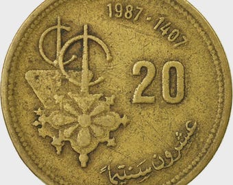 1987 Morocco 20 Santimat Coin, Hassan II Commemorative