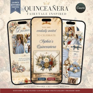 May include: A digital Quinceañera invitation template displayed on three smartphones, featuring a cream background with floral arrangements, clocks, and crowns. The text reads "You are cordially invited to celebrate Sophia's Quinceañera" and "Gallery".