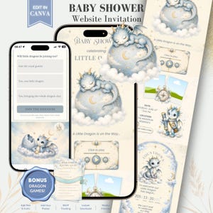 May include: A digital baby shower website invitation template featuring light blue dragon illustrations on clouds and moons. The interface displays RSVP options, a countdown timer, and interactive buttons. The design includes text such as Baby Shower, A Little Dragon is on the Way, and Nursery Rhyme Quiz.