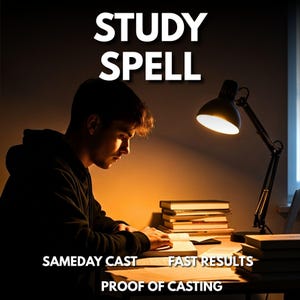 Könnte beinhalten: Eine Person lernt an einem Schreibtisch unter einer Schreibtischlampe. Das Bild zeigt die Worte "STUDY SPELL" oben, mit "SAMEDAY CAST", "FAST RESULTS" und "PROOF OF CASTING" unten.
