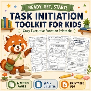 Può includere: Un kit di strumenti per l'avvio di attività per bambini con un panda rosso e tre pagine di attività intitolate Ready, Set, Start, Mountain to Pebbles, My First Tiny Step e Why Is Starting Hard Today, con una matita gialla e carta.