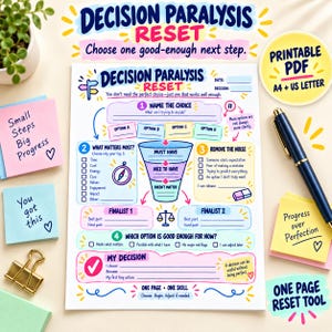 Puede incluir: Una hoja de trabajo imprimible en PDF Decision Paralysis Reset con un diseño colorido que incluye secciones para nombrar opciones, priorizar factores, eliminar el ruido y tomar una decisión final, acompañada de notas adhesivas y un bolígrafo negro.