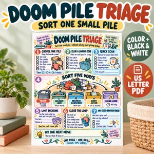 Könnte beinhalten: Ein gedrucktes Organisationsblatt mit dem Titel Doom Pile Triage, das sieben nummerierte Schritte zum Sortieren von Unordnung enthält. Das Dokument bietet farbenfrohe Illustrationen, Checkboxen und Textaufforderungen zur Hilfe beim Aufräumen.