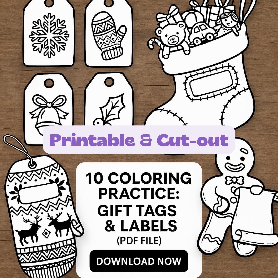 Christmas Coloring Gift Tags Printable – DIY Cut-out Labels, 10 ...