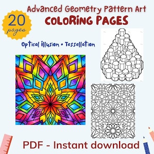 Op de afbeelding: Een digitale download met 20 kleurplaten met geavanceerde geometrische patronen. De afbeelding toont kleurrijke optische illusie ontwerpen en zwart-witte tessellations. Tekst luidt "Advanced Geometry Pattern Art Coloring Pages" en "PDF - Instant download."
