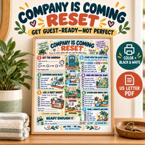 以下が含まれることがあります： Company Is Coming Resetというタイトルの額入り説明ポスター。家の準備のための7つの番号付きステップが記載されています。カラフルなグラフィックには、チェックリスト、部屋のイラスト、ゲストを迎えるための準備に関するテキストが含まれており、明るい木製のフレームに入っています。