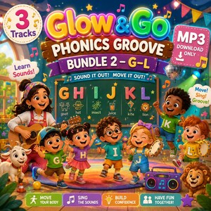 以下が含まれることがあります： 「Glow & Go Phonics Groove Bundle 2 - G-L」と題されたカラフルな教育用ポスター。ギターを持つ教師と踊る5人の子供たちが描かれています。黒板にはGからLまでの文字、ヤギ、ライオン、音符がデザインされています。