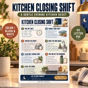 Könnte beinhalten: Eine gedruckte Checkliste mit dem Titel KITCHEN CLOSING SHIFT A GENTLE EVENING KITCHEN RESET. Das Dokument enthält sieben nummerierte Abschnitte mit Kontrollkästchen für Aufgaben wie die Schichtwahl, Lebensmittelhandhabung, Geschirr und Aufräumen.