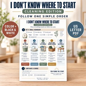 Puede incluir: Una lista de control de limpieza impresa titulada I Don't Know Where To Start Cleaning Edition. El documento presenta siete pasos numerados con iconos, casillas de verificación e instrucciones de texto para organizar un hogar y tareas.