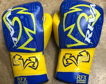 Rival RFX Guerrero Sparring Boxing Gloves Blue Yellow Lace Up  Leather Training Gloves