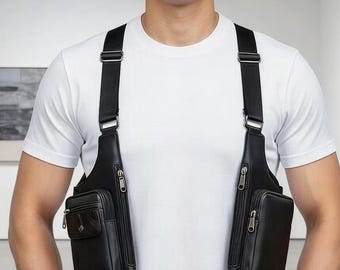 Men’s Leather Chest Harness Bag, Tactical Crossbody Holster, Phone Wallet Organizer, EDC Travel Gear