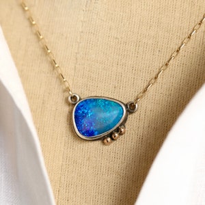 14k Gold and Sterling Opal Pendant Necklace, Handmade Boulder Opal Jewelry, Black Opal Birthstone Birthday Gift, Simple Minimalist Necklace