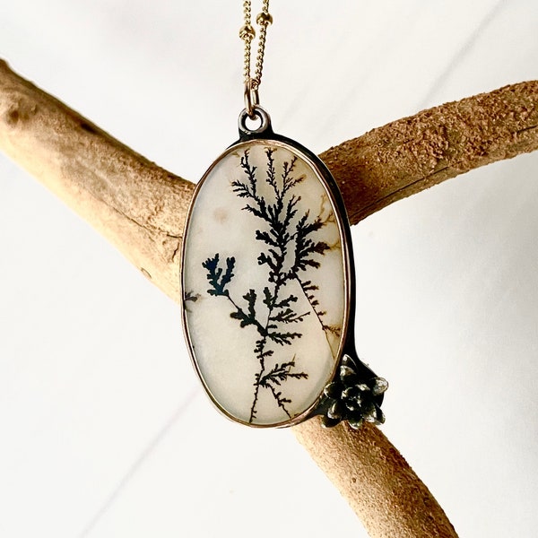 Sterling Silver and Gold Dendritic Agate Gemstone Necklace - Chain Necklace - Handmade Gold Silver Pendant - Succulent Necklace Gift