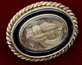 Victorian Mourning Brooch, Hairwork Enamel Pin, Antique Memorial Jewelry