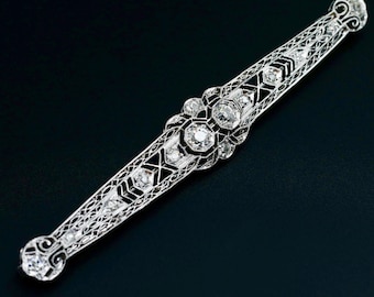 Edwardian Diamond Bar Brooch • Platinum Bridal Hair Pin • Antique Something Old Wedding Jewelry
