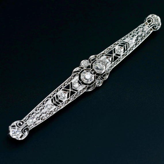 Edwardian Diamond Bar Brooch • Platinum Bridal Hair Pin • Antique Something Old Wedding Jewelry