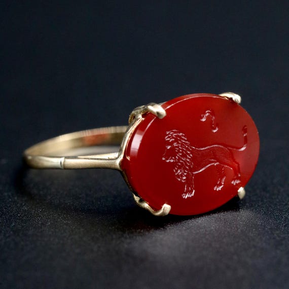 14K Solid Gold Leo Signet Ring • Vintage Carnelian Intaglio • Handmade Zodiac Jewelry • Size 8