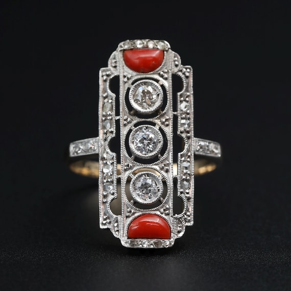 Art Deco Ring • Diamond & Coral Platinum 18k Gold • Antique Estate Cocktail Jewelry