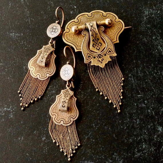 Victorian 14k Gold Mourning Brooch & Earrings Set • Taille d’Épargne Enamel • Antique Jewelry
