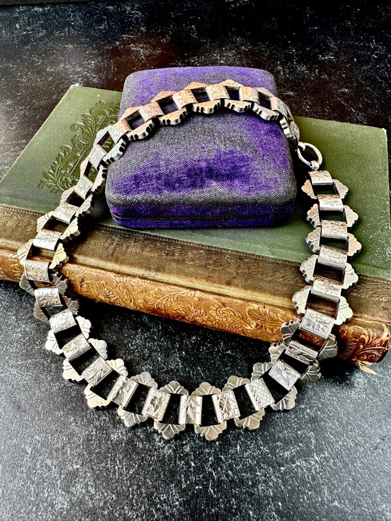 Sterling Silver Collar Gothic Necklace • Gothic Book Chain • Antique Victorian Dark Academia Jewelry