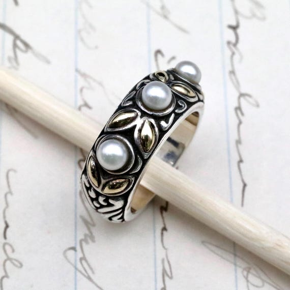 John Hardy Pearl Ring • Sterling Silver & 18k Gold Mixed Metal Band • Batu Kawung Pearl Statement Ring • Size 7.25