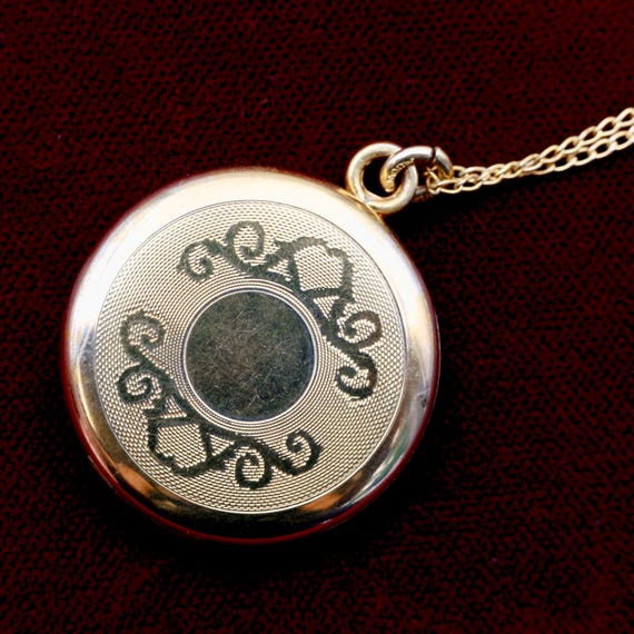 Vintage Guilloche Engraved Locket Necklace, Gold Fill Photo Picture Locket