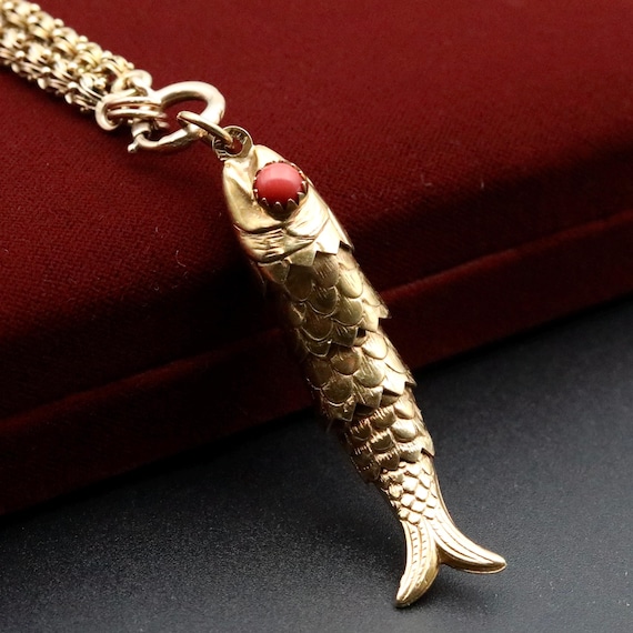 18K Solid Gold Articulated Fish Pendant, Large Vintage Italian Coral Eyes Charm Necklace